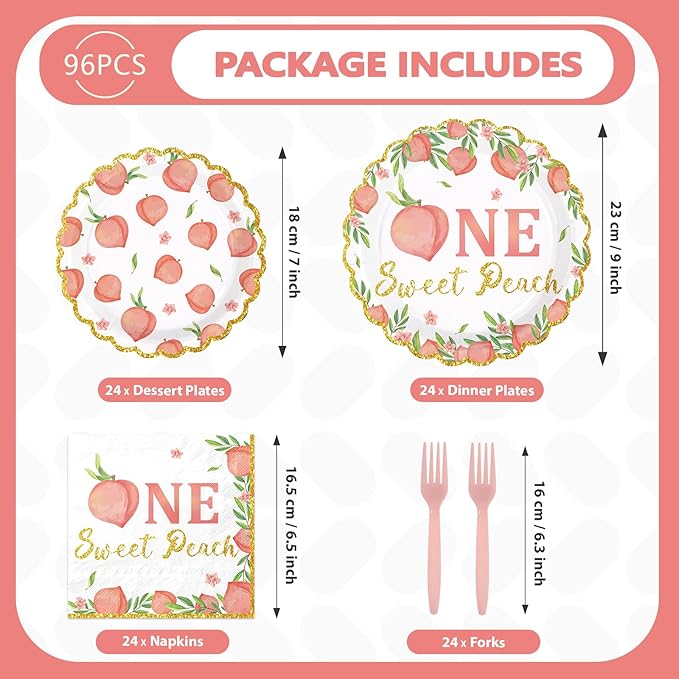 96Pcs One Sweet Peach Birthday Party Decorations Peach 1st Birthday