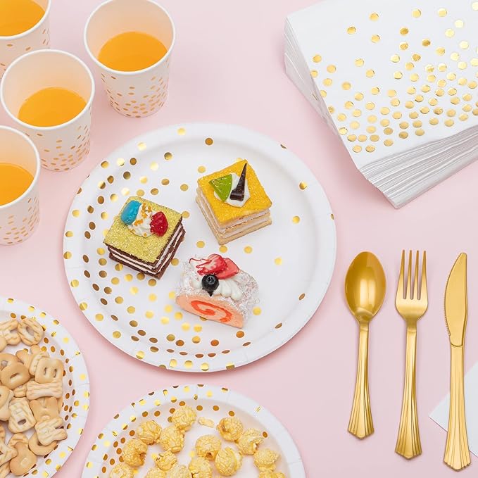 White and Gold Party Supplies, 350PCS Disposable Dinnerware Set