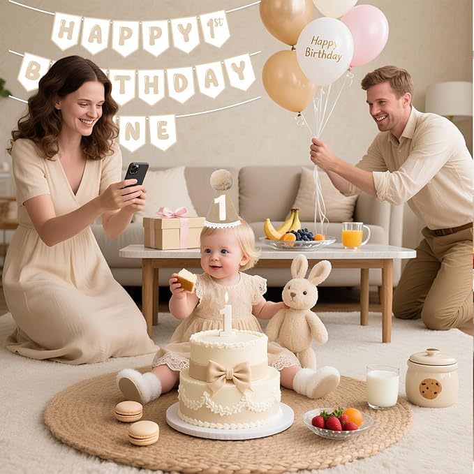 Beige Pre Strung Happy 1st Birthday Banner and One Birthday Hat for