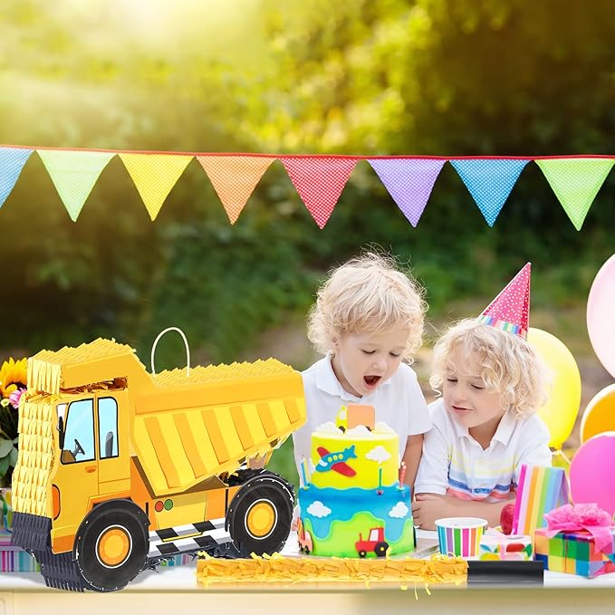 Construction Dump Truck Piñata with Blindfold and Bat Party Decor