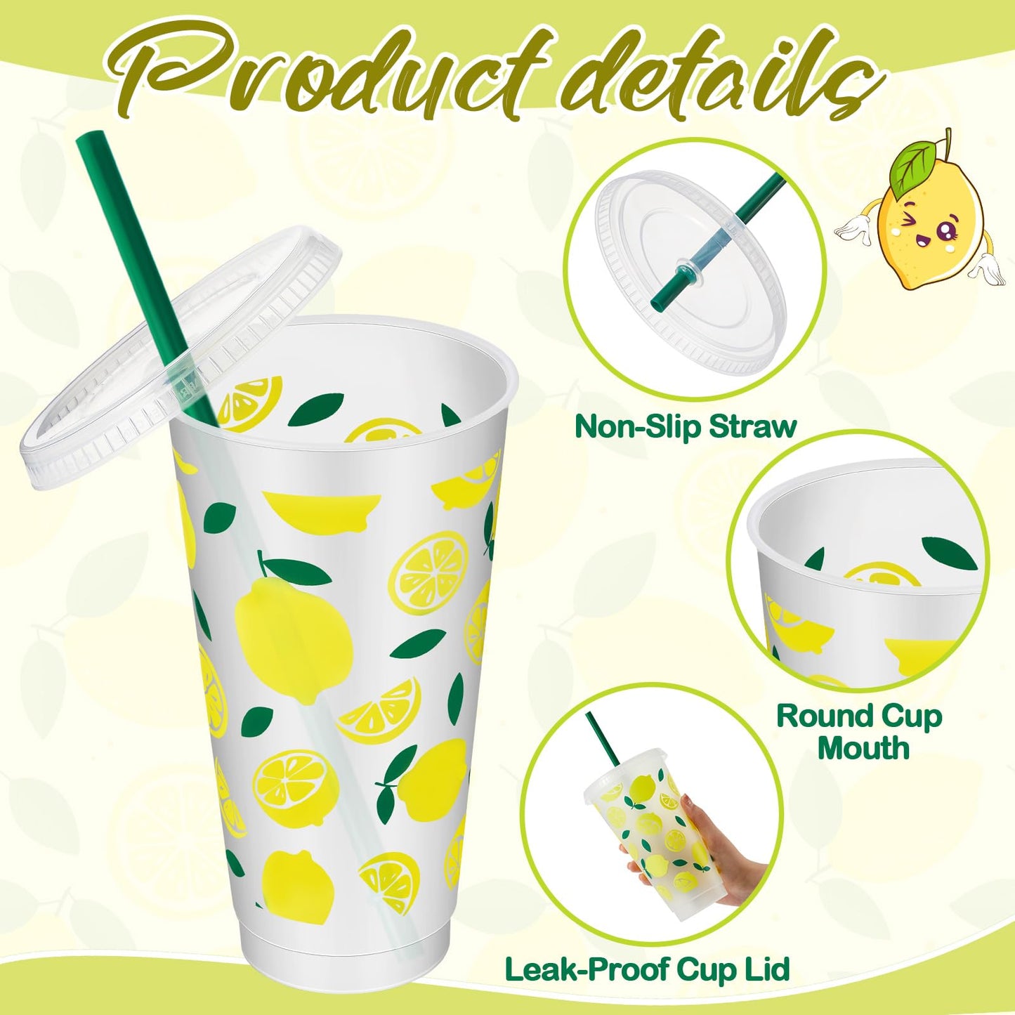 SiliFine 12 Pcs Plastic Lemon Cups, 24oz Reusable Tumbler with Lid and