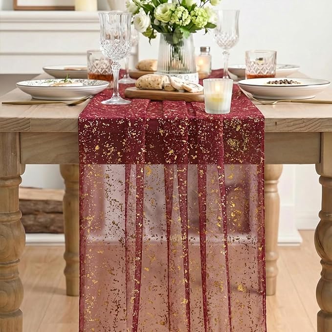 Artoid Mode Burgundy Gold Gauze Table Runner 120 Inch 10FT, Glitter
