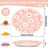 Qyeahkj 50 PCS Pink Daisy Oval Paper Plates Spring Large 11” One Two