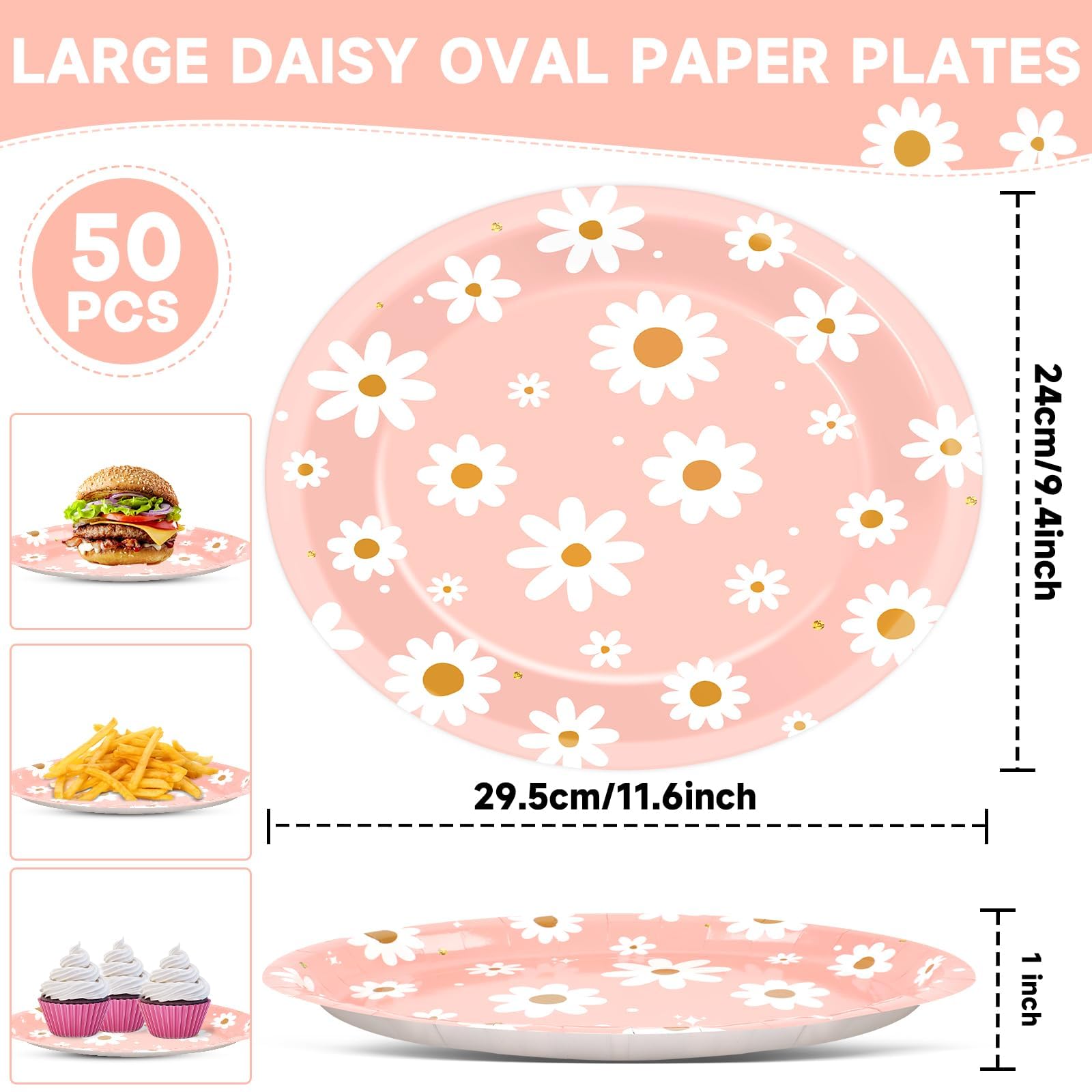 Qyeahkj 50 PCS Pink Daisy Oval Paper Plates Spring Large 11” One Two