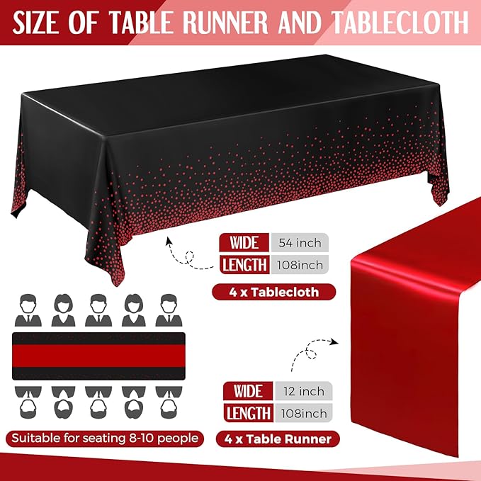 Breling 8 Pack Black and Red Disposable Plastic Tablecloths and Satin