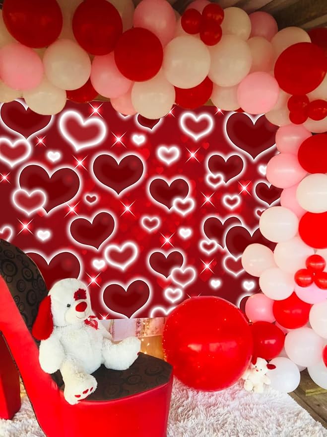 Red Heart Photo Backdrop Valentines Decorations 10x8FT Early 2000s