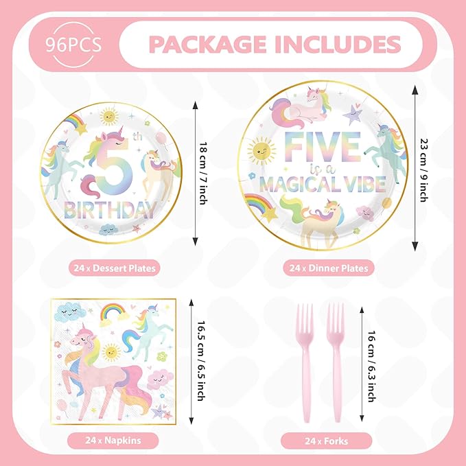 96 Pcs Magical Pastel Unicorn 5th Birthday Party Supplies Five is a