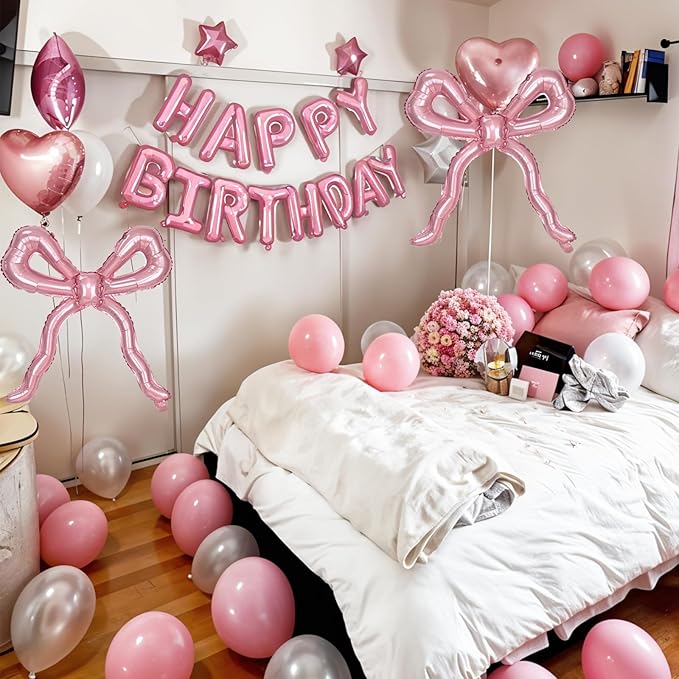 Pink Bow Happy Birthday Balloons Banner, 22 Inch Pearl Pink Bow Foil