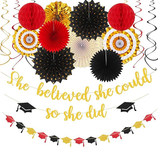 Red Black Gold Party Decorations Graduation Banner Streamers 18pcs