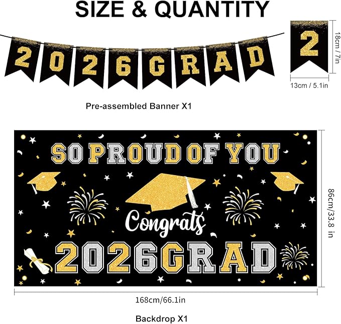 Graduation Decorations 2026 Black Gold Themed Grad Party Decor Set