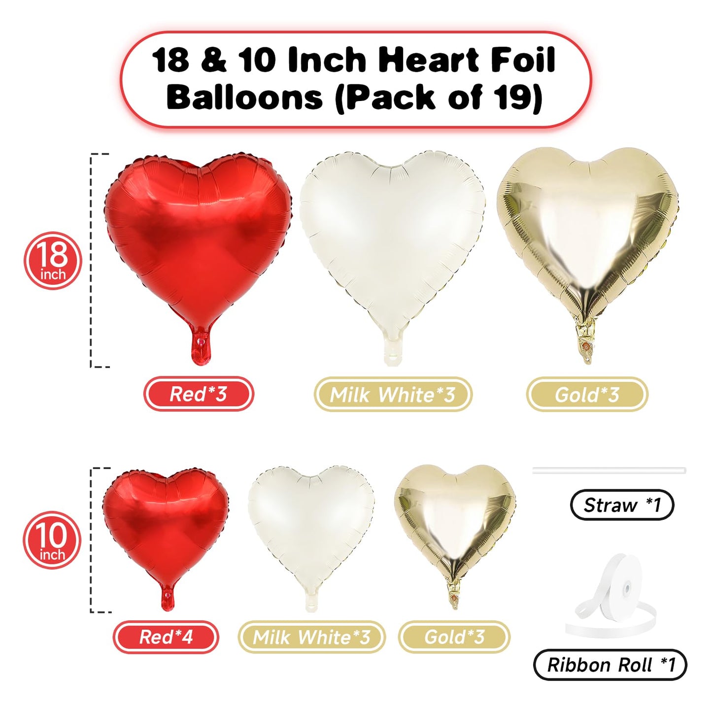 Red Gold Heart Balloons, 19PCS Red White Champagne Gold Heart Shape