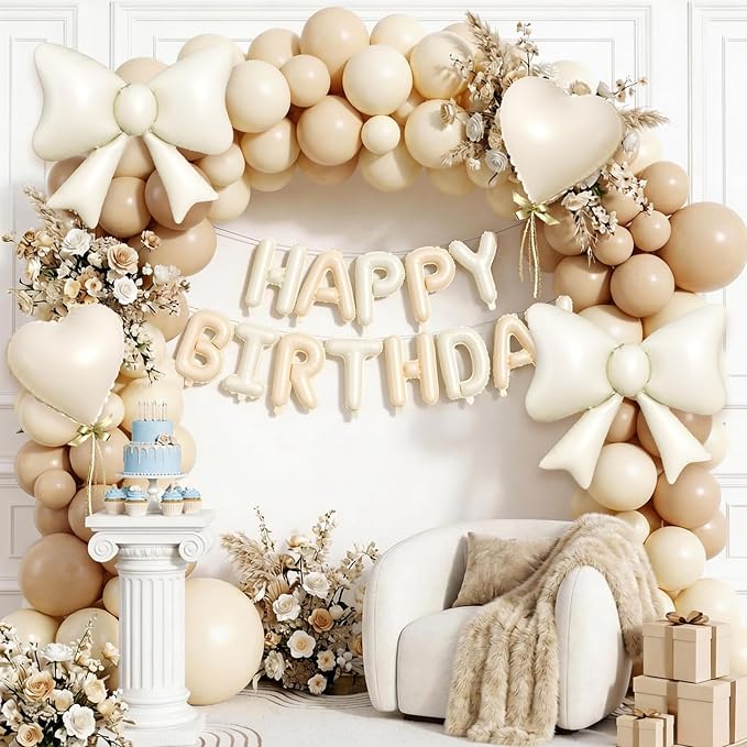 Beige Happy Birthday Balloon Banner, 38Inch Bow Aluminum Foil