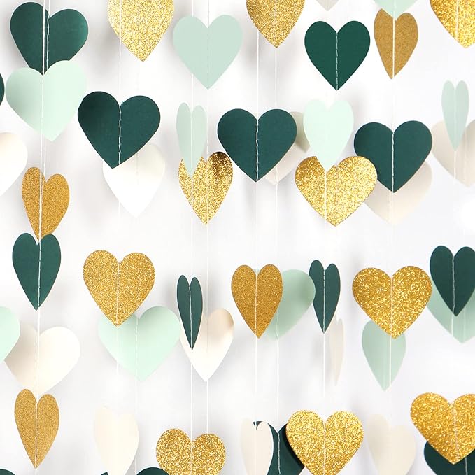 Sage-Green Mint Beige-Gold Love-Heart Garland - 52Ft Rustic Wedding