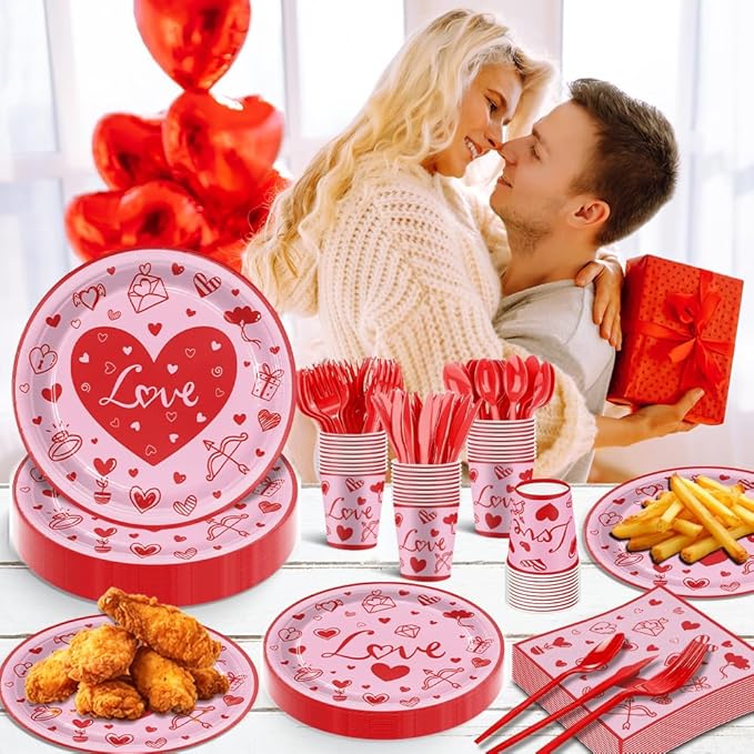 140Pcs Red Valentine's Day Party Decorations Envelope Heart Plates