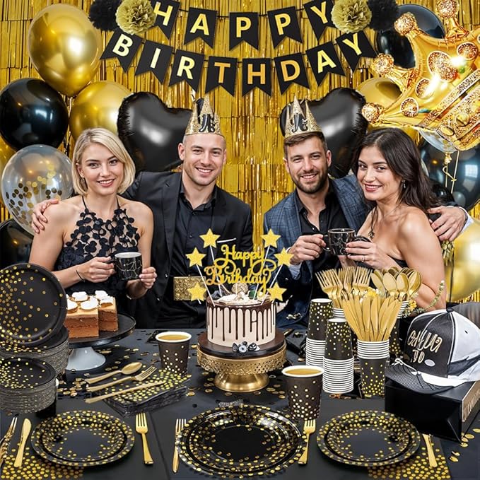 Gold and Black Party Decorations, 279Pcs Birthday Decorations Men