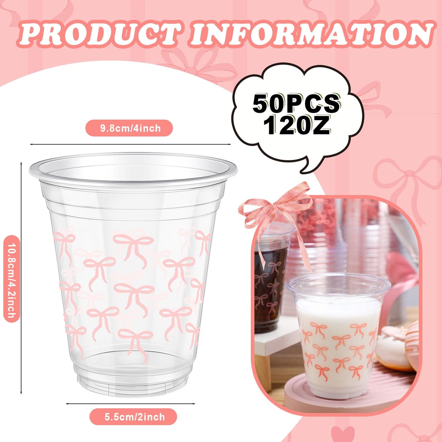 Yuxung 50 Pcs Pink Bow Snack Cups 12 oz Bow Plastic Cups Lovely