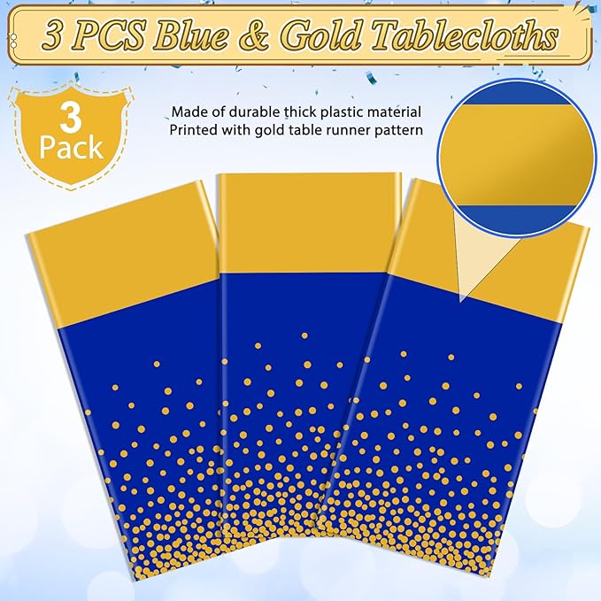 3Pcs Blue and Gold Tablecloth Party Decorations,Plastic Royal Blue