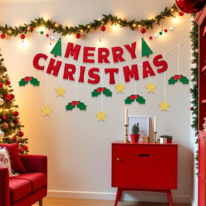 Merry Christmas Banner with Red Berries And Leaves Christmas Banner