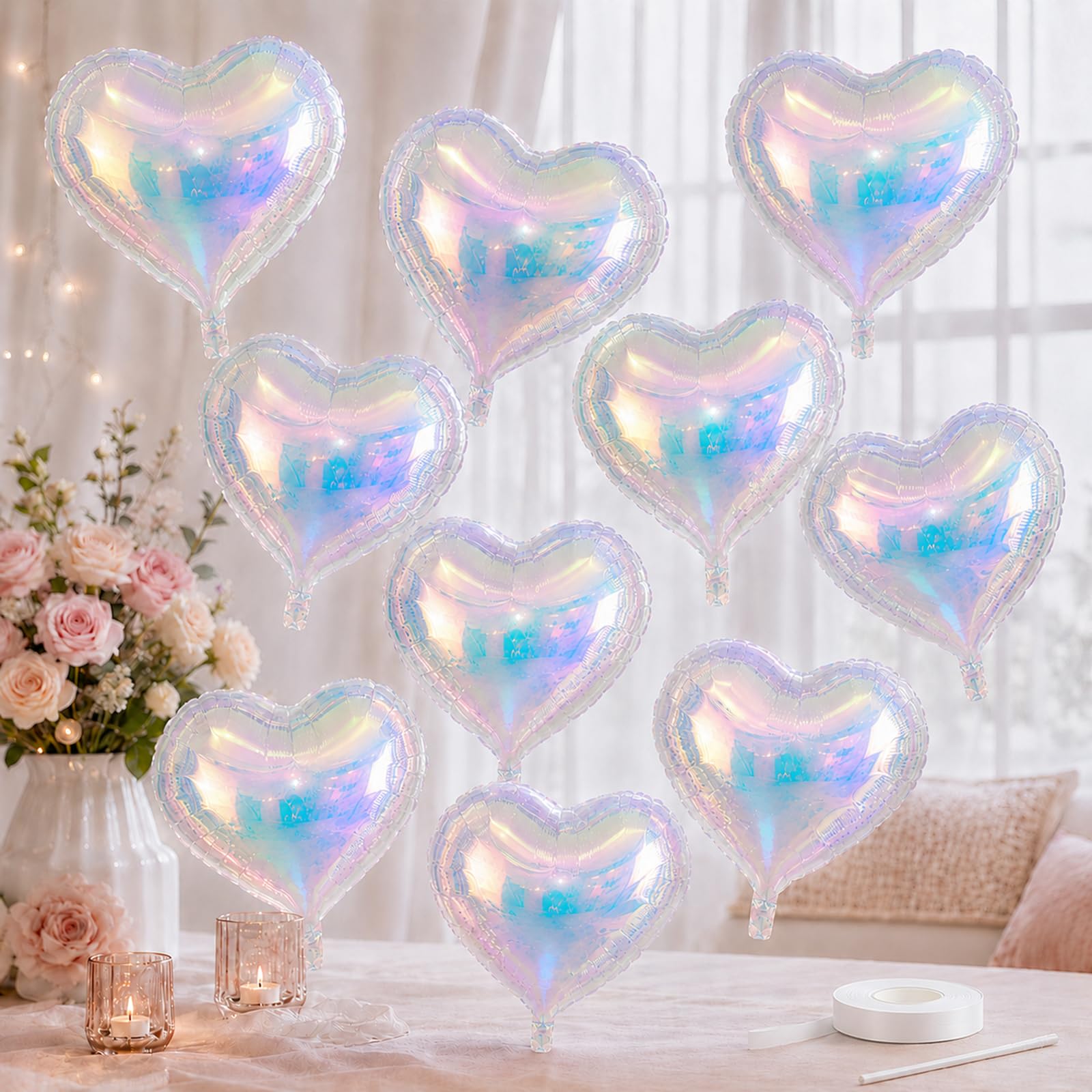 Iridescent Heart Balloons, 10 Pcs 18 Inch Transparent Holographic Foil