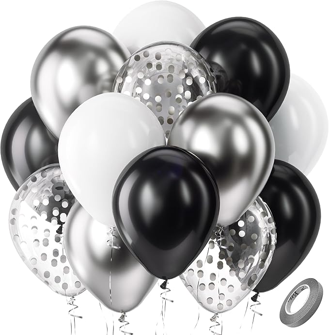 Bezente Black Silver Confetti Latex Balloons,60pcs 12 inch Black