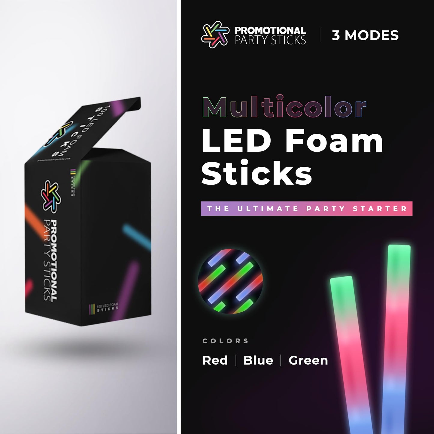 Promotional Party Sticks - 100 Pack - Multicolor LED Foam Sticks Glow