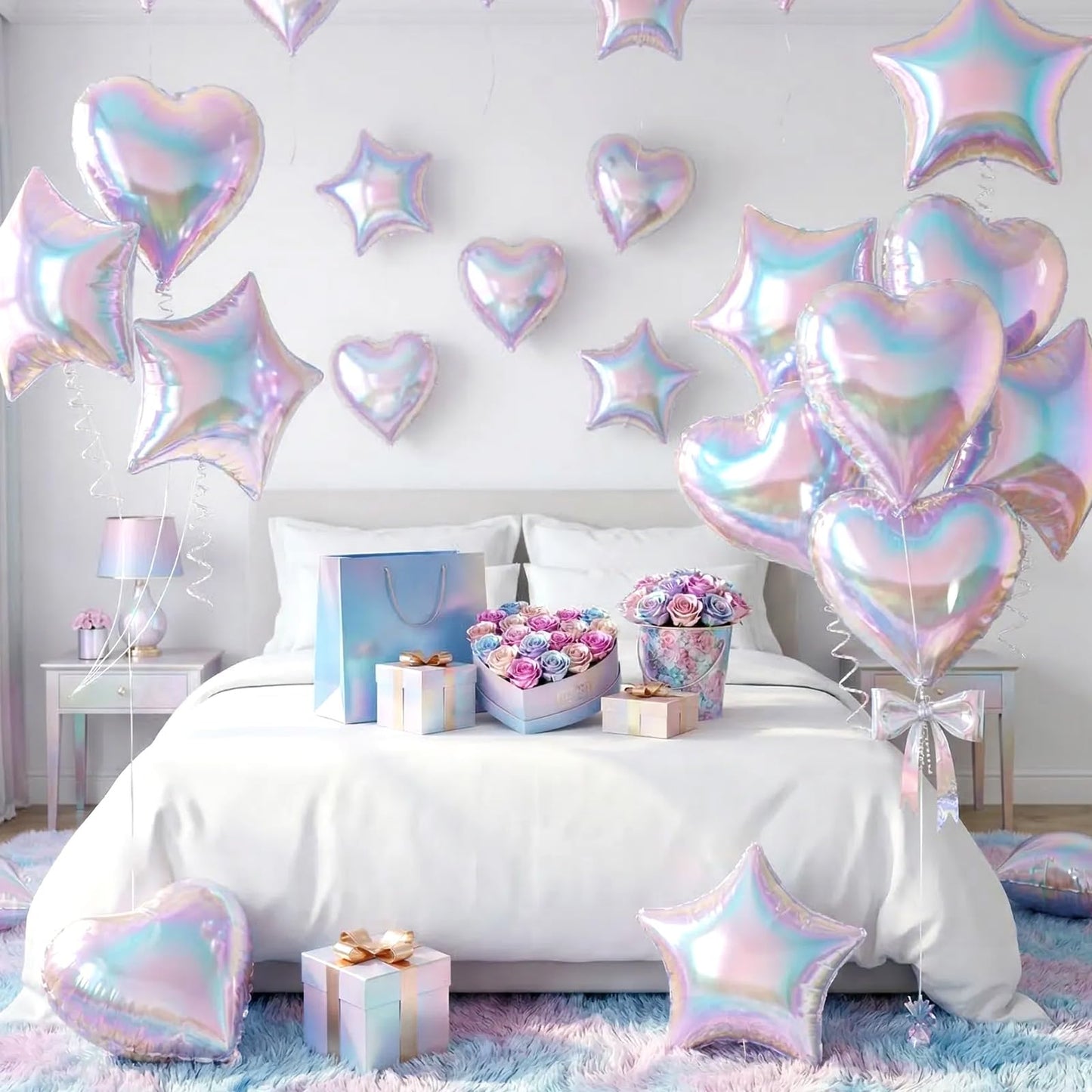 Iridescent Heart Balloons, 12PCS Holographic Clear Star Balloons, 18