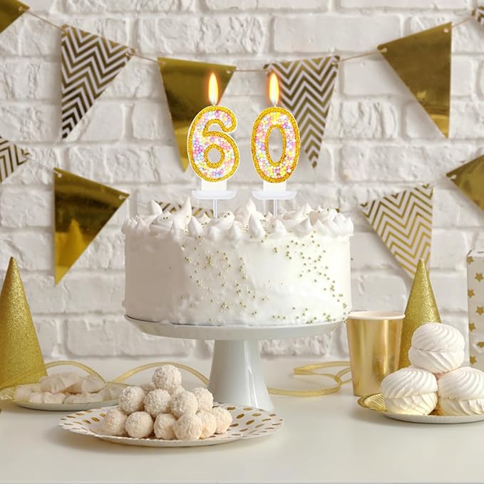 60th Birthday Candle for Women/Men, Golden Macaron Numeral Candles,