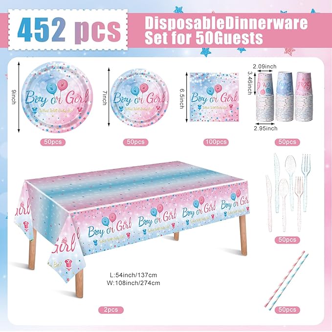 452 Pcs Gender Reveal Party Supplies for 50 Guests Pink and Blue