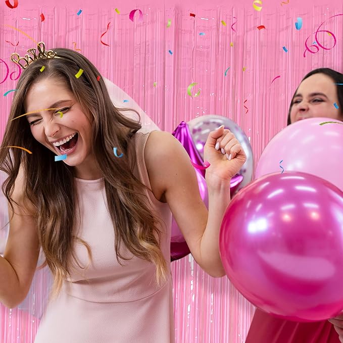 2 Pack Foil Curtain Pink Backdrop Streamers Metallic Tinsel Fringe