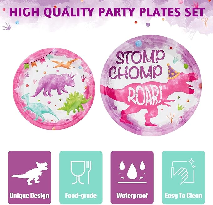 Girl Dinosaur Party Decorations 64 PCS Dinosaur Plates Napkins and