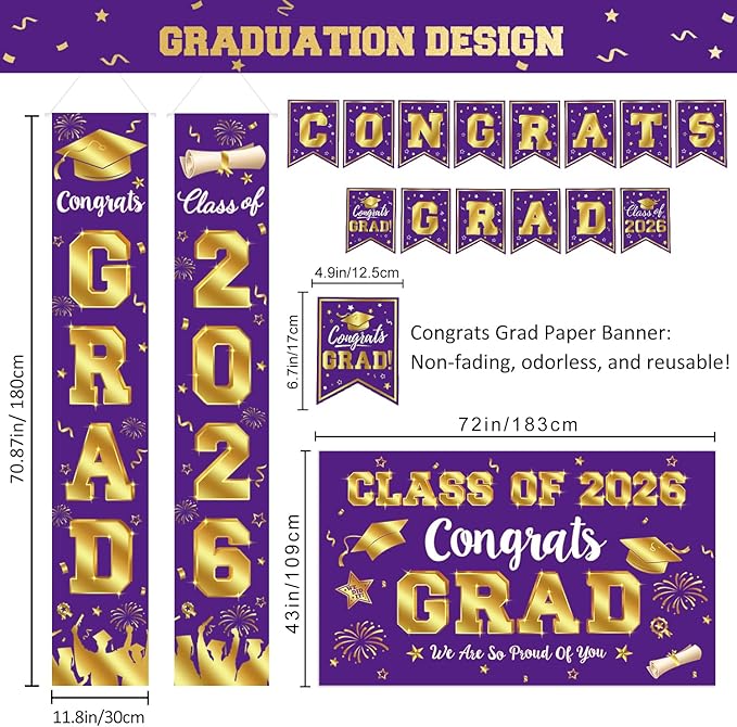 Graduation Decorations Class of 2026 Purple and Gold Graduation