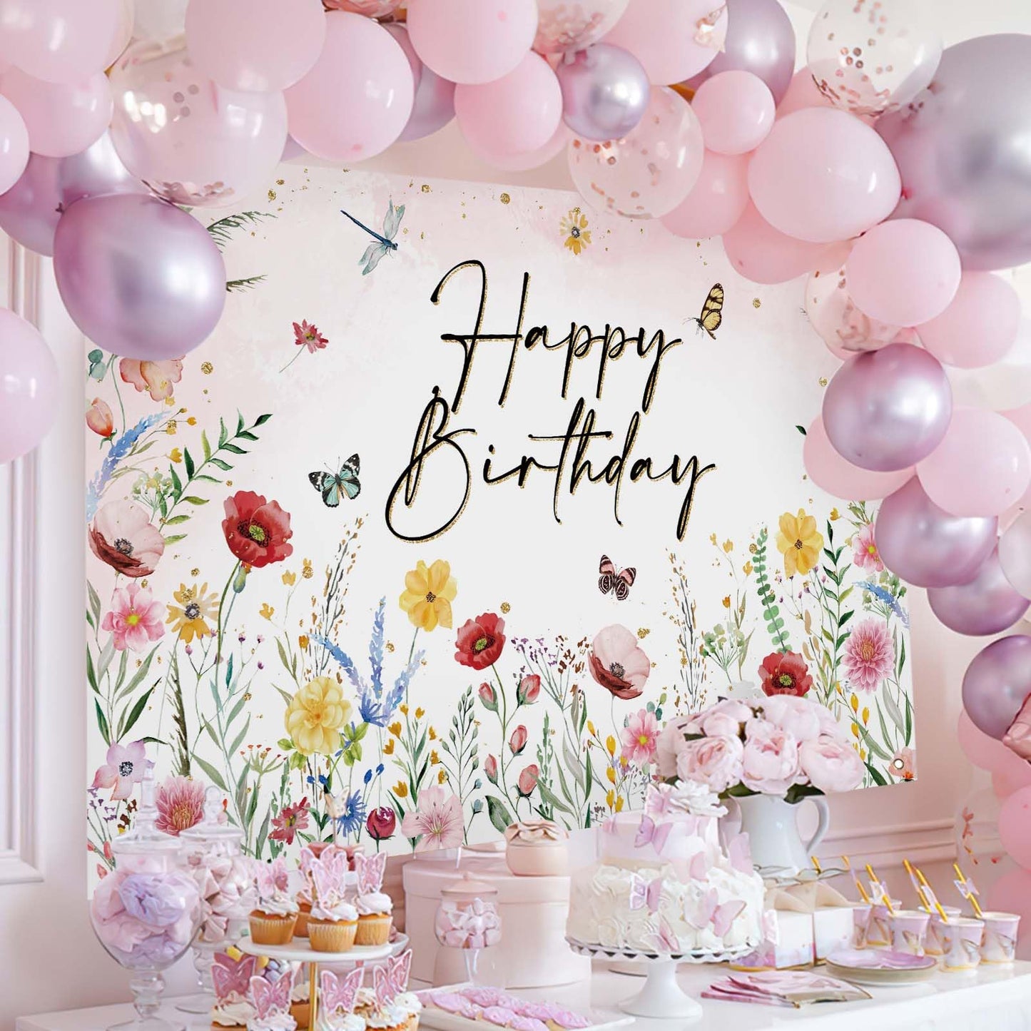Avezano Wildflower Birthday Backdrop Girls Floral Birthday Banner