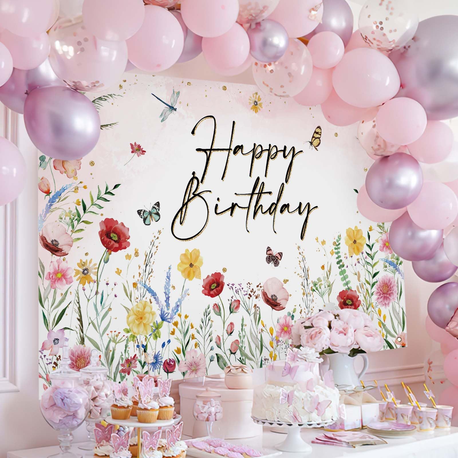 Avezano Wildflower Birthday Backdrop Girls Floral Birthday Banner