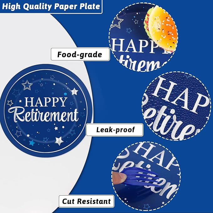 96Pcs Blue Retirement Plates and Napkins Blue Silver Retirement