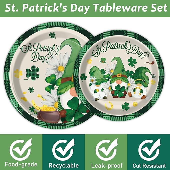 96 Pcs St Patrick's Day Plates and Napkins Green Shamrock Gnome