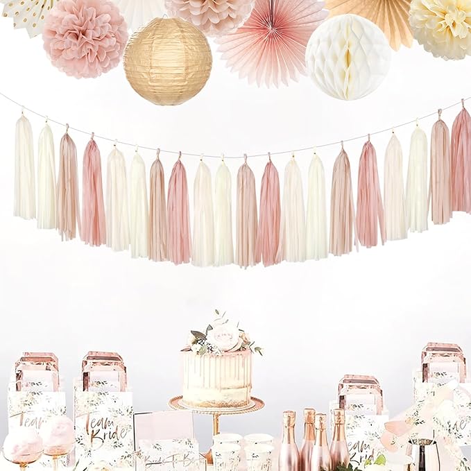 Champagne-Gold Beige Boho Party-Decorations Tassel-Garland - 20pc