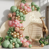 Pink Jungle Safari Balloon Garland Arch Kit 144pcs Sage Green and