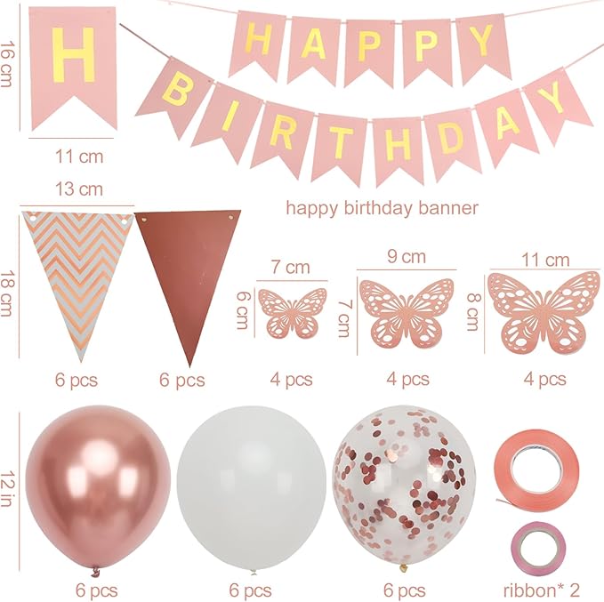 Rose Gold Birthday Decoration, 18 pcs 12 inch Happy Birthday Banner