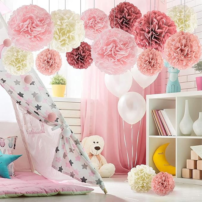 Boho Party Decoration,12pcs Blush Pink, Dusty Rose, Mauve, Cream