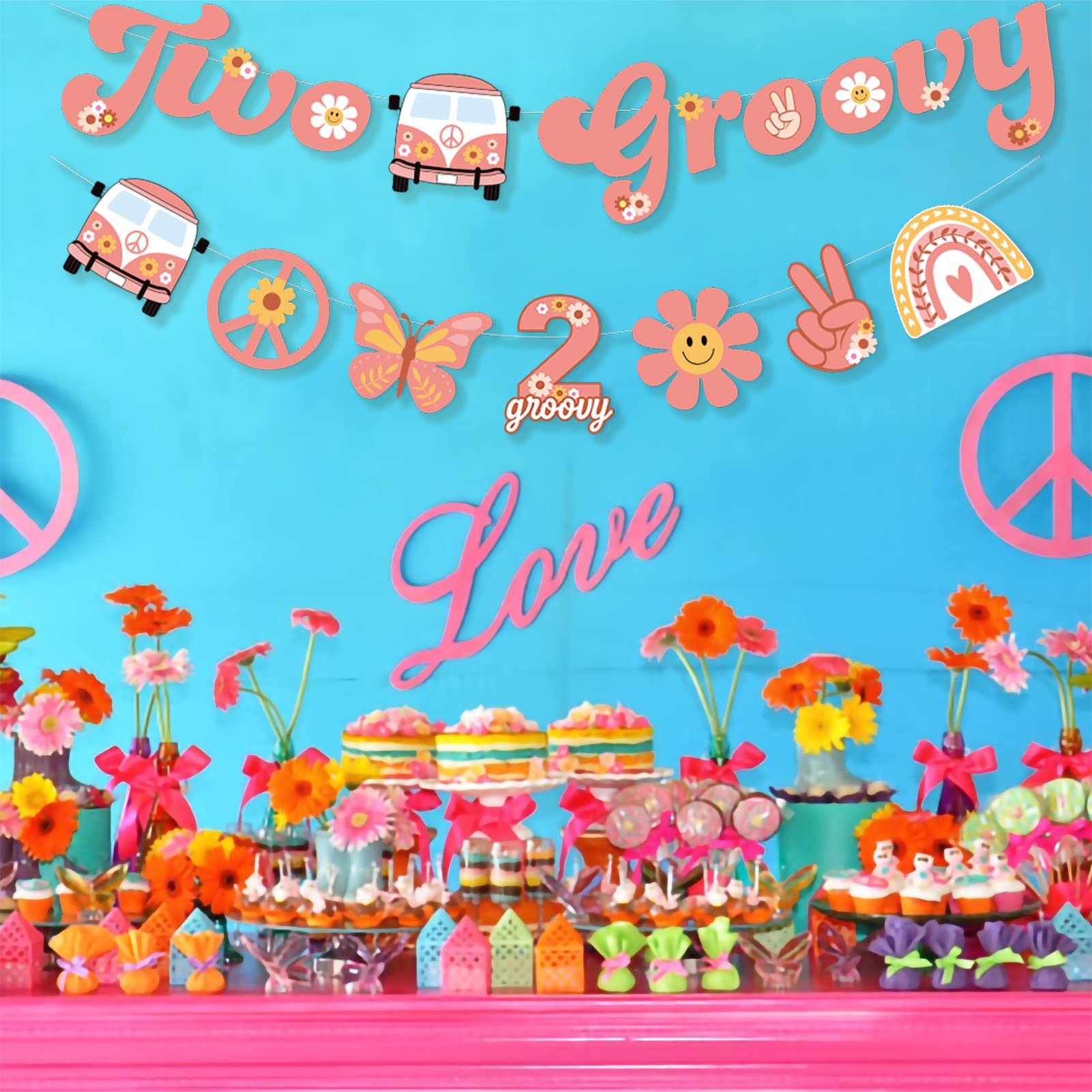 Ushinemi Two Groovy Party Decorations, Hippie Two Groovy Hanging