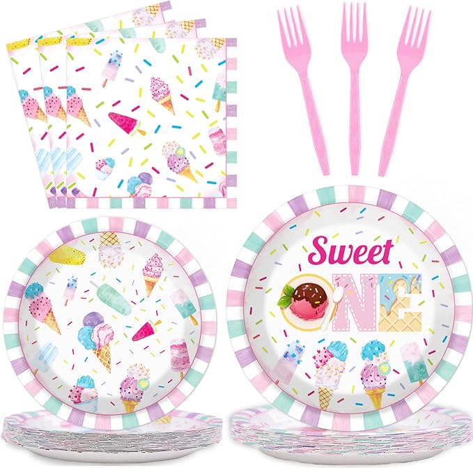 96Pcs Sweet One Ice Cream 1st Birthday Party Paper Plates and