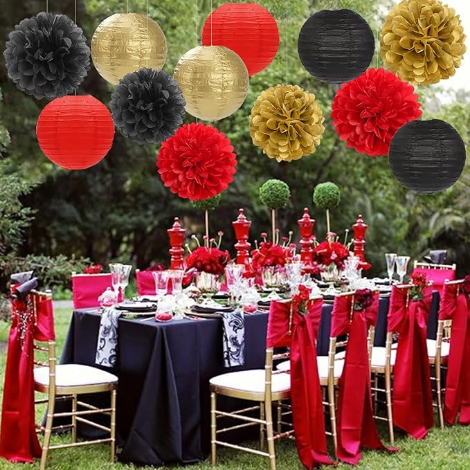 Red Black Gold Party Decorations Paper Flowers Lanterns 15PCS Casino