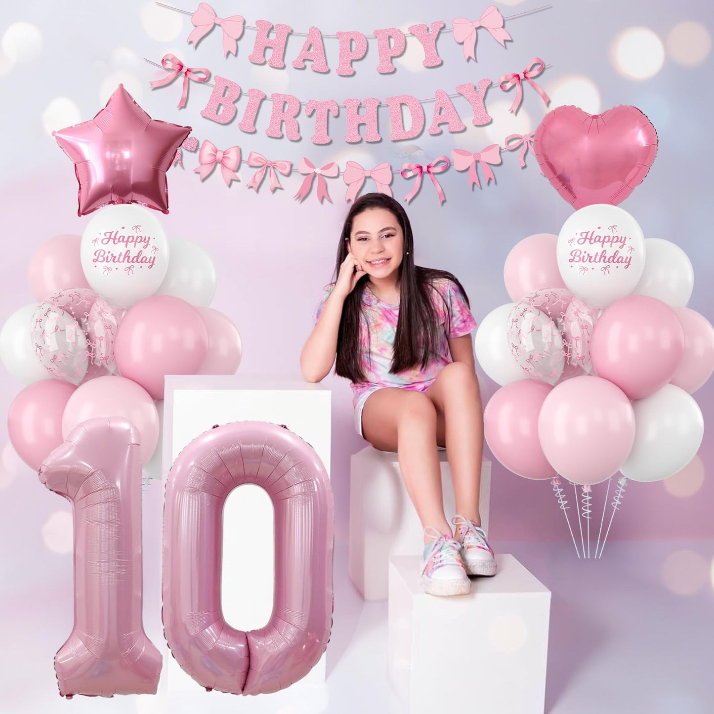 10th Birthday Decorations for Girls Pink Number 10 Balloon Bow