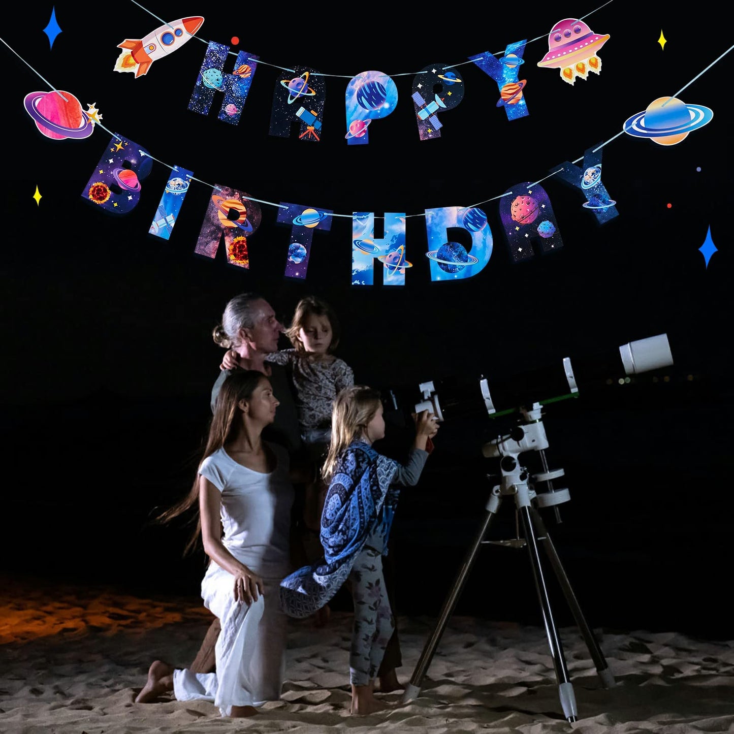 SUNBEAUTY Universe Outer Space Theme Birthday Banner Galaxy Happy