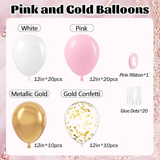 60pcs Pink and Gold Balloons 12inch, Pink and White Balloon with