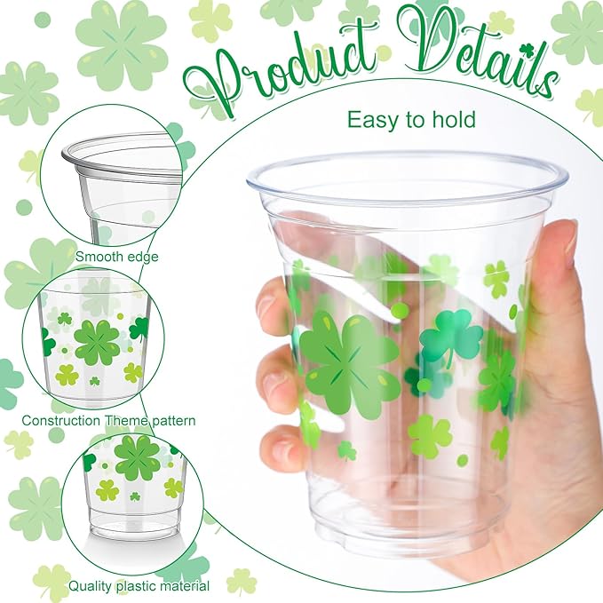 50 Pcs St Patrick's Day Cups 12 oz Plastic Shamrock Glasses Clear