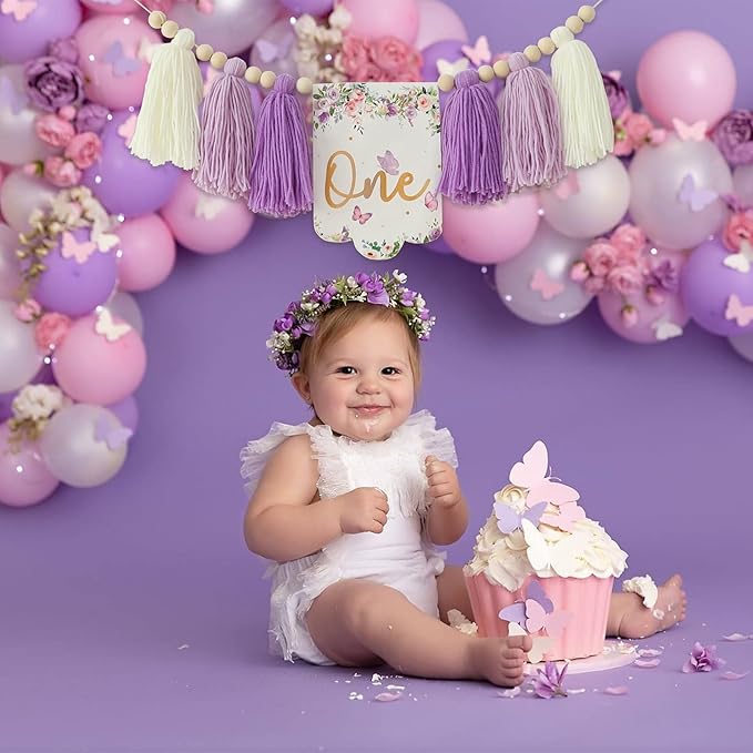 Handmade Butterfly Flower 1st Birthday High Chair Banner Purple