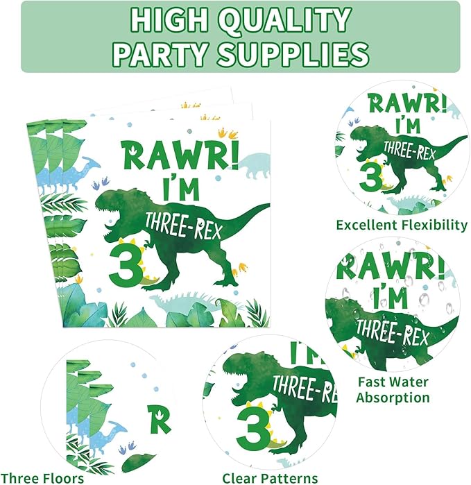 96 PCS Dinosaur 3rd Birthday Party Supplies 350 GSM 3 Rex Dinosaur
