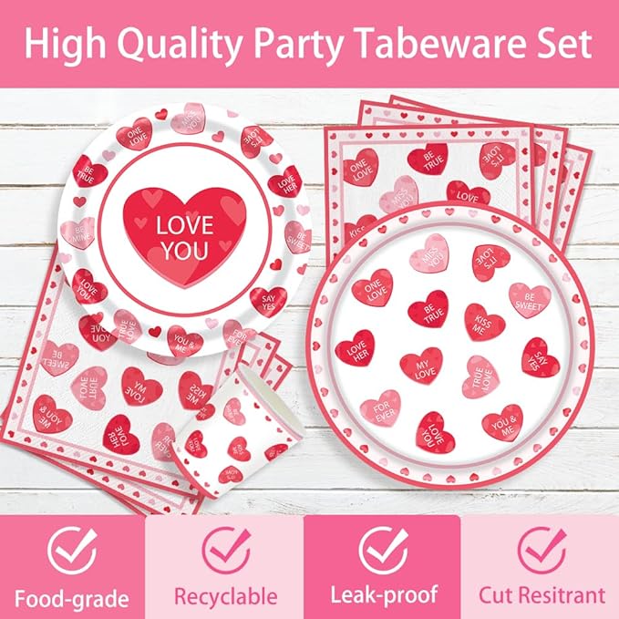 140Pcs Pink Heart Valentine's Day Party Supplies Love You Plates and