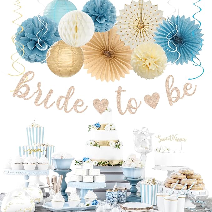 Beige-Champagne-Blue Boho Bachelorette Party-Decorations - 21pcs